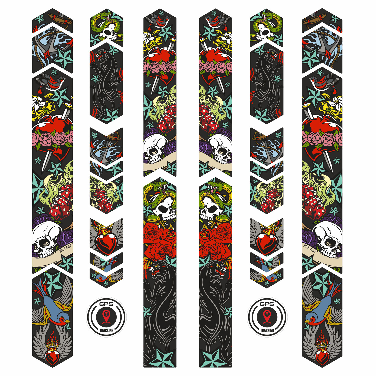 Fahrrad Aufkleber 14-teilig XL Set Tattoo Motiv Skull Old School Rahmenschutz Fahrrad Aufkleber 14-teilig XL Set Tattoo Motiv Skull Old School Rahmenschutz