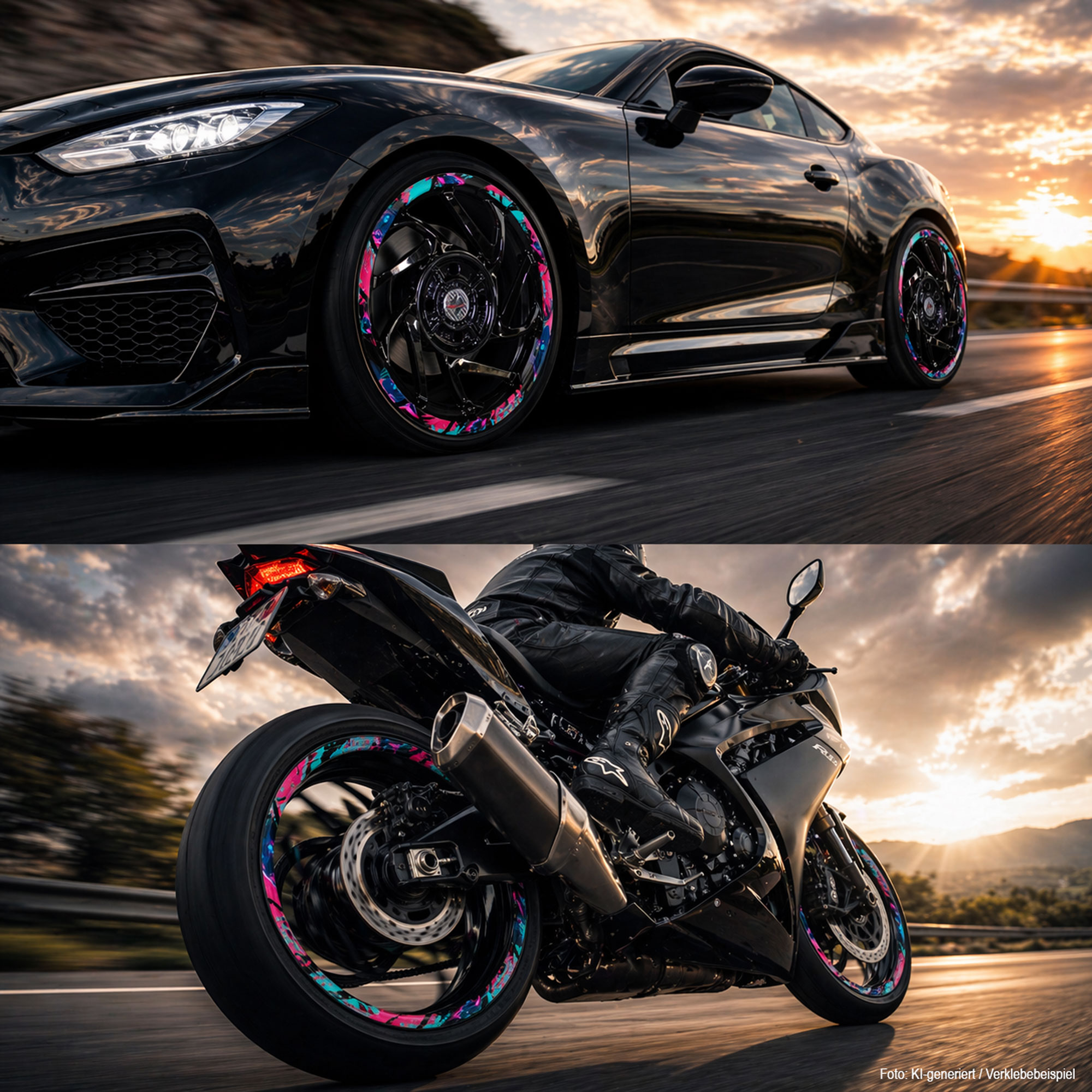 Extra breite Felgenbett Aufkleber Anime Cat Girl pink 18er Set Rim Stripes Motorrad Auto