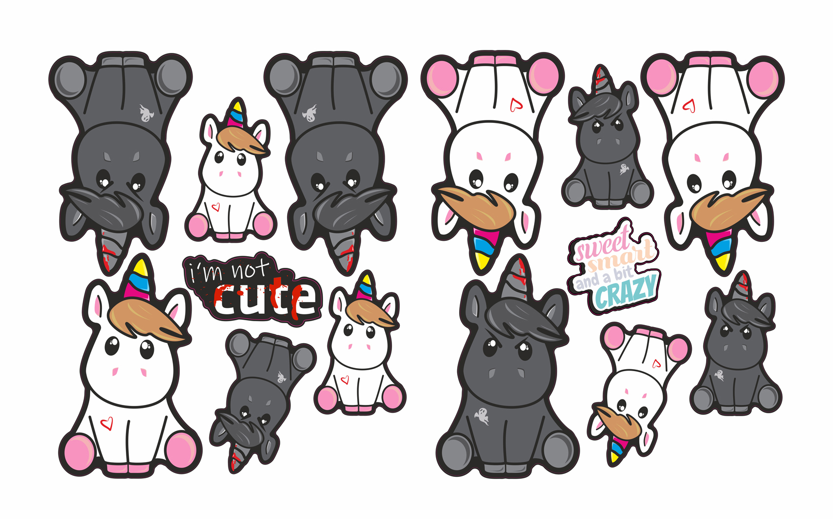 Sticker 14-Set Helmaufkleber Fahrradaufkleber Laptop Roller Einhörner Gut & Böse Sticker 14-Set Helmaufkleber Fahrradaufkleber Laptop Roller Einhörner Gut & Böse