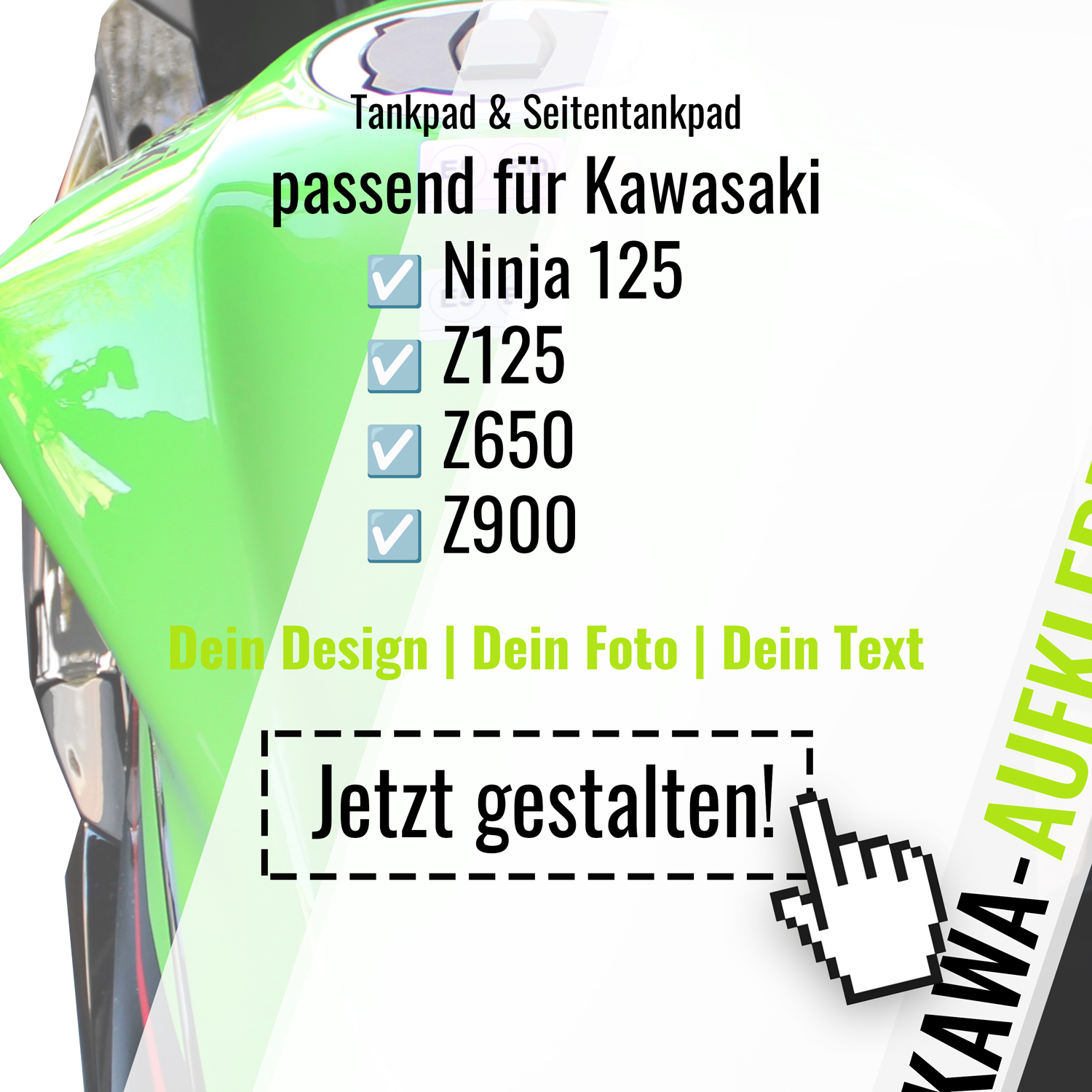 Wunschtankpad kompatibel für Kawasaki Wunschmotiv zum selber gestalten Wunschtankpad kompatibel für Kawasaki Wunschmotiv zum selber gestalten