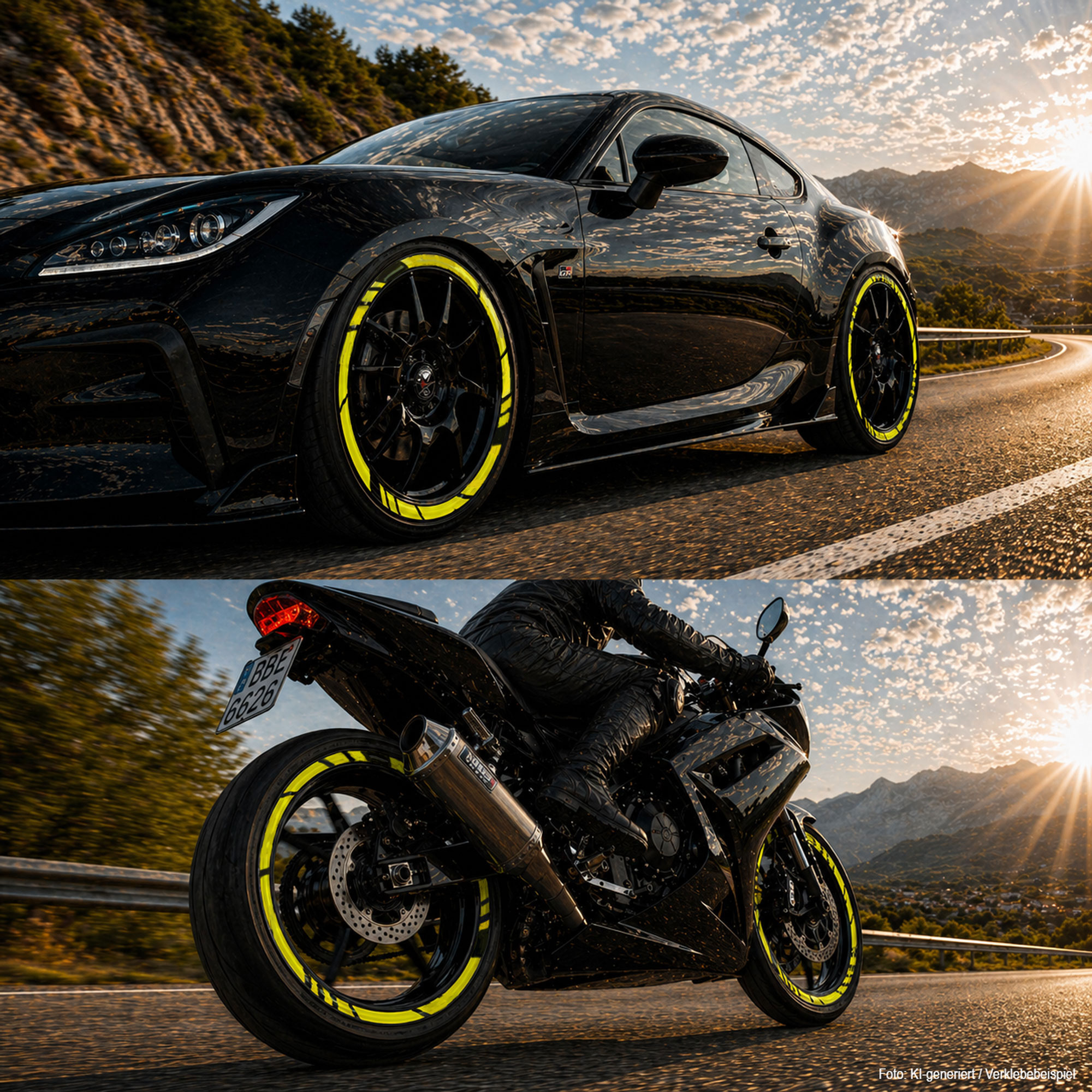 Felgenbett Aufkleber GP Style Neon Gelb 16er Set Rim Stripes Motorrad Auto