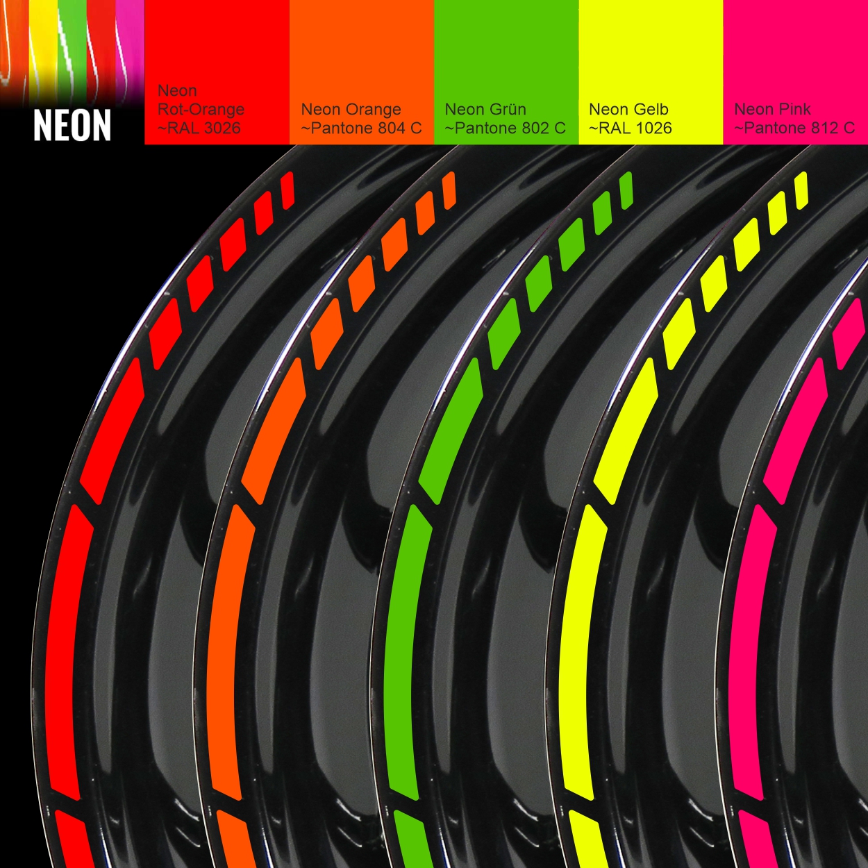 Neon Felgenrand Aufkleber-Set für 16 17 18 Zoll Auto und Motorrad - GP Style