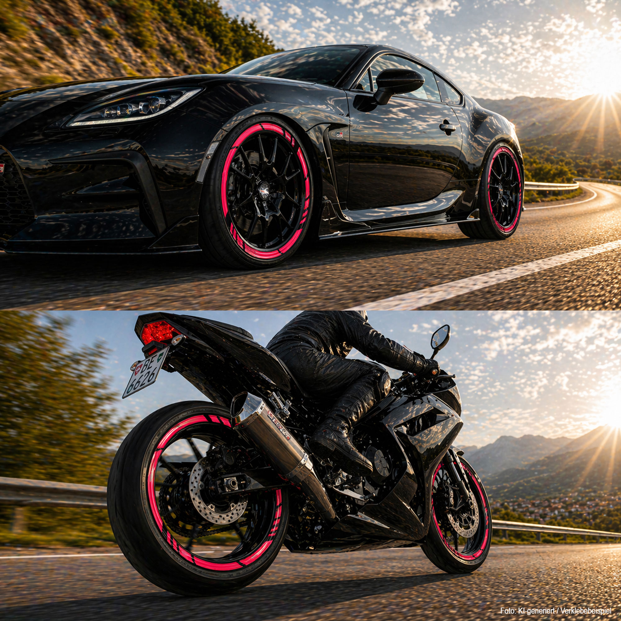 Felgenbett Aufkleber GP Style Neon Pink 16er Set Rim Stripes Motorrad Auto