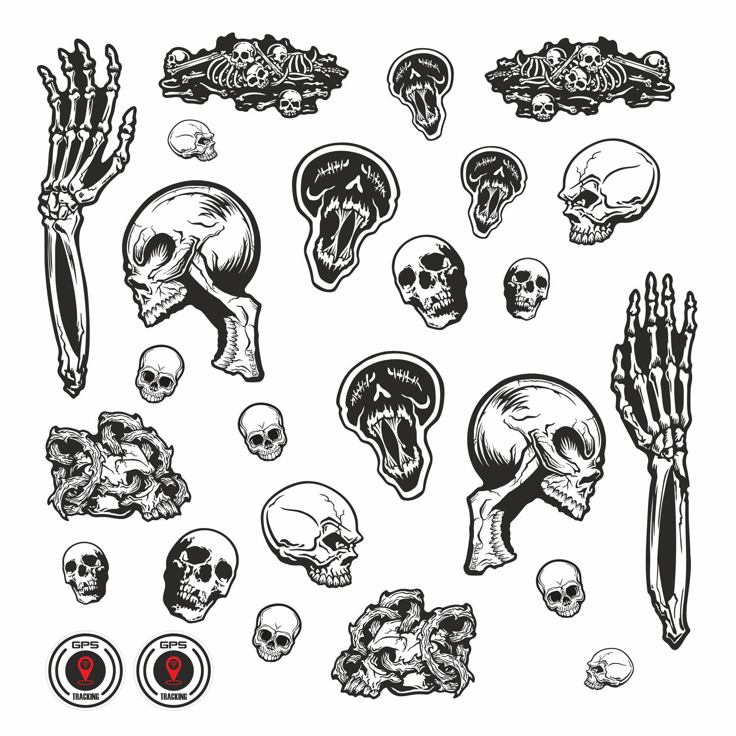 Fahrrad Aufkleber 26-teiliges Sticker Set Roller E-Bike Skull Totenschädel Bone Fahrrad Aufkleber 26-teiliges Sticker Set Roller E-Bike Skull Totenschädel Bone