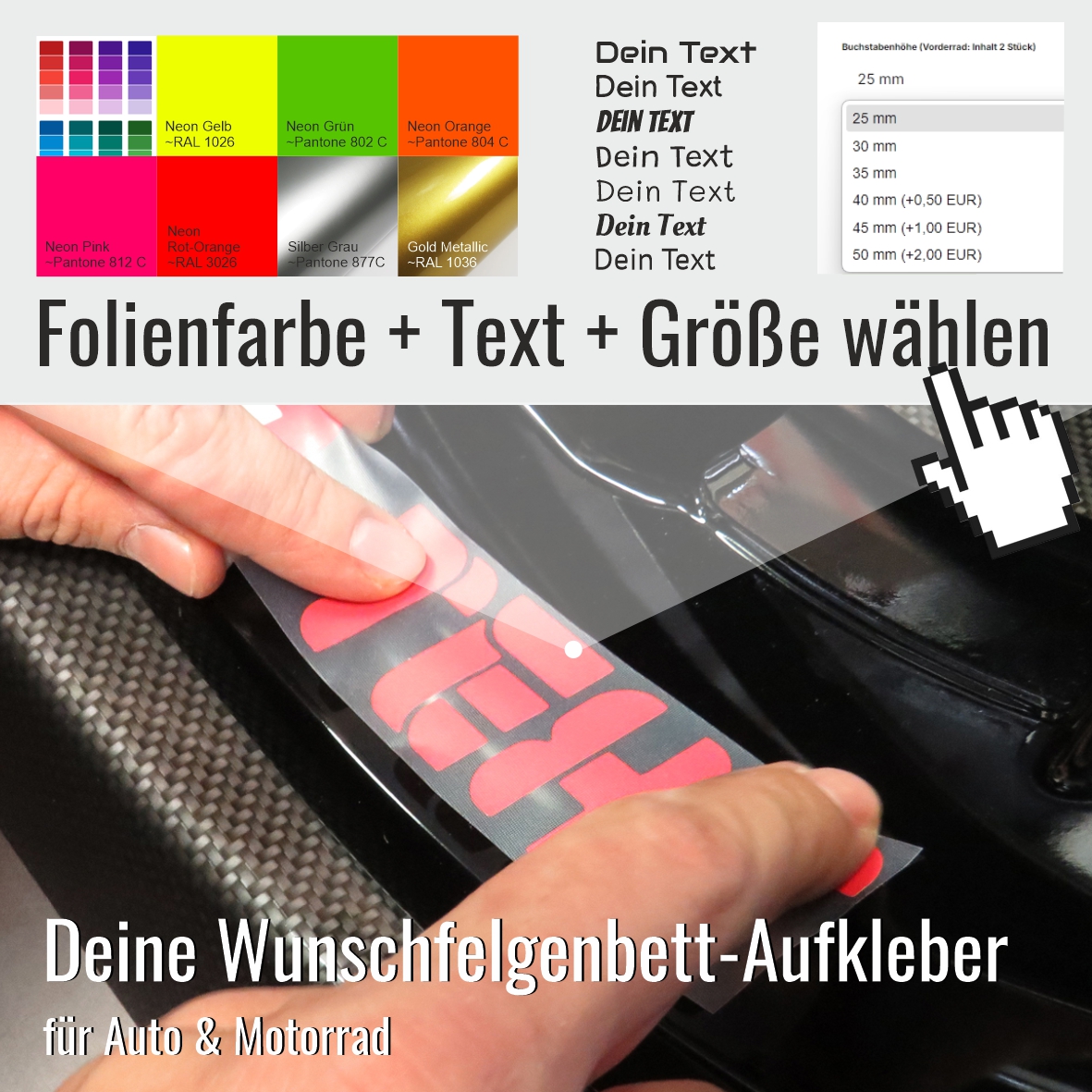 Individuelle Wunschfelgenbett-Aufkleber – Selbst gestalten eigener Text