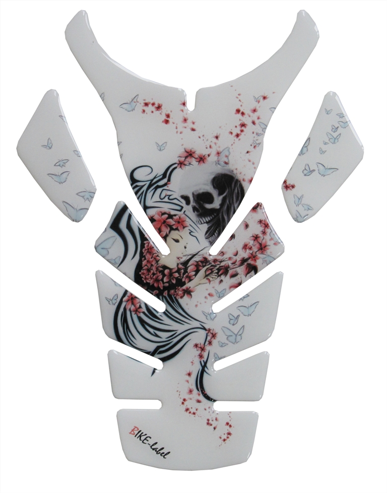 B-Ware Motorrad 3D Aufkleber Tankpad Totenkopf weiß mit Frau Blumen Schmetterling B-Ware Motorrad 3D Aufkleber Tankpad Totenkopf weiß mit Frau Blumen Schmetterling