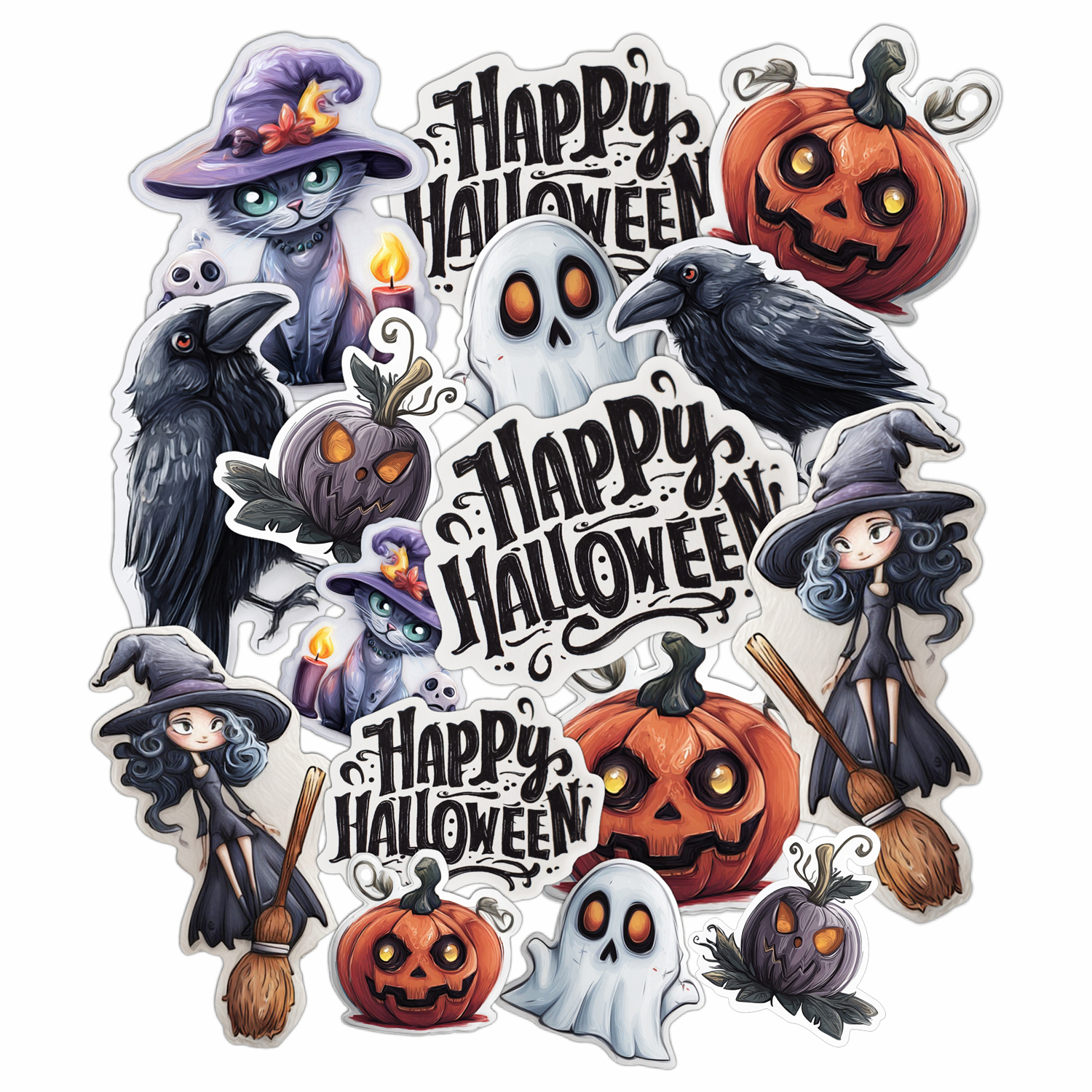 Happy Halloween – 16 Bunte seidenmatte Sticker mit Katze, Hexe, Kürbis für Fenster, Karten & mehr Happy Halloween – 16 Bunte seidenmatte Sticker mit Katze, Hexe, Kürbis für Fenster, Karten & mehr